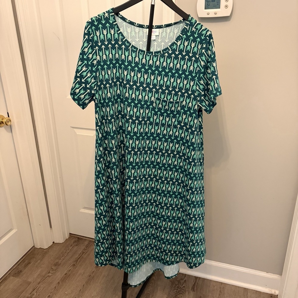 LuLaRoe Carly High-Low Swing Dress Green Chevron Arrow Pocket L Casual Comfy EUC